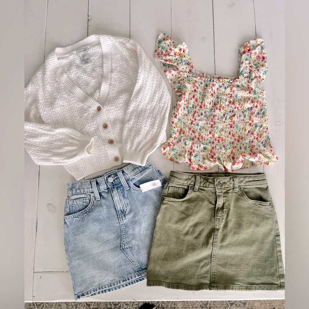Set of 2 Skirts, Cardigan, and Smocked Floral Top - Girls Size 8